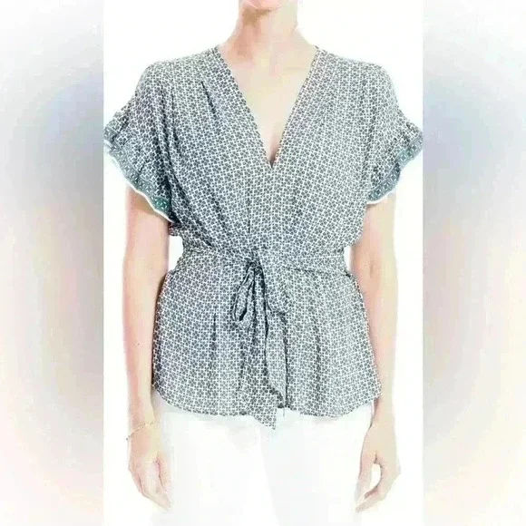 NWT Max Studio Crepe Tie Front Ruffle Sleeve Peasant Kimono Elastic Waist Blouse - Picture 1 of 10